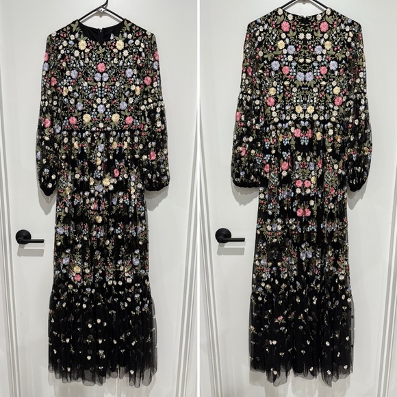 Mac Duggal High Neck Floral Embroidered Long Puff Sleeve Dress - 4 - Picture 3 of 5